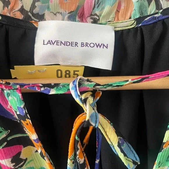 Lavender Brown Floral Mini Dress XS Black V Neck Tiered Long Sleeve - Picture 5 of 8